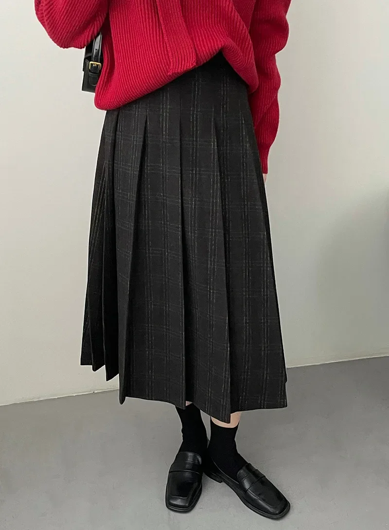 Vintage Pleated Plaid Skirts Women Korean Chic Casual High-waisted A-line Jupe 2024 Autumn Winter Korean Chic Faldas Mujer