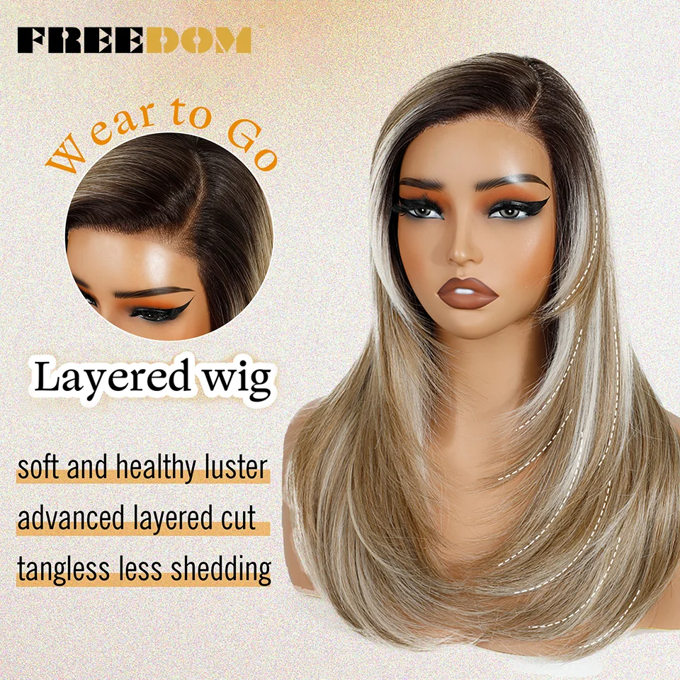 Synthetische Lace-Front-Perücken für Frauen, 18 Zoll, Seitenscheitel, vorgezupfte, gerade, geschichtete Lace-Perücke, Ombre Braun Blond, Perücke für den täglichen Gebrauch – Detail 3