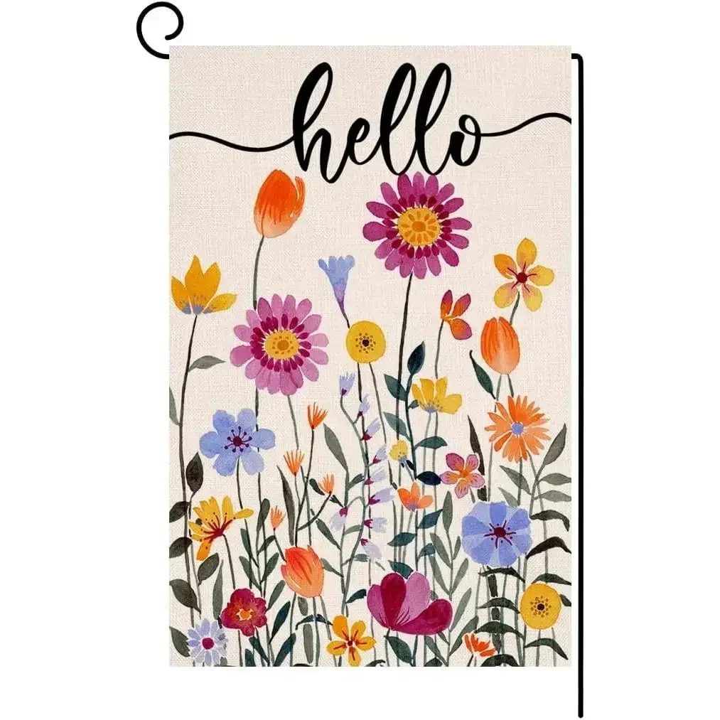 Hello Spring Linen Double-Sided Outdoor Flag, 12x18 Vertical Colorful Floral Yard Decor, Farmhouse Summer Holiday Outside Decoration, No Flagpole