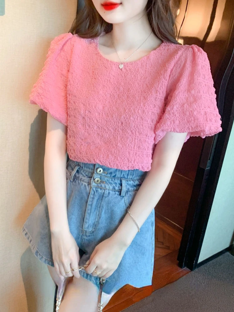 

Blouses Women Elegant Female Young Fashion Summer Simple All-match Temperament Puff Sleeve Tops Loose New Chic Blusas De Mujer