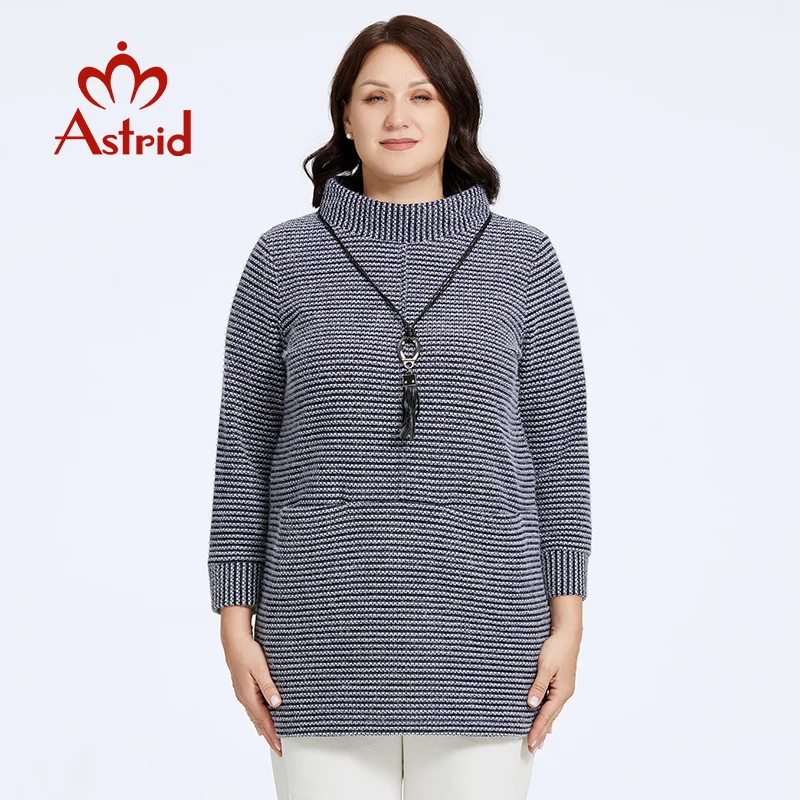 Astrid Women's Sweater Oversized Stand-Up Neck Woman Pullovers Soft Knitted Jumpers Pocket Stripe Basic Clothing Trends Necklace