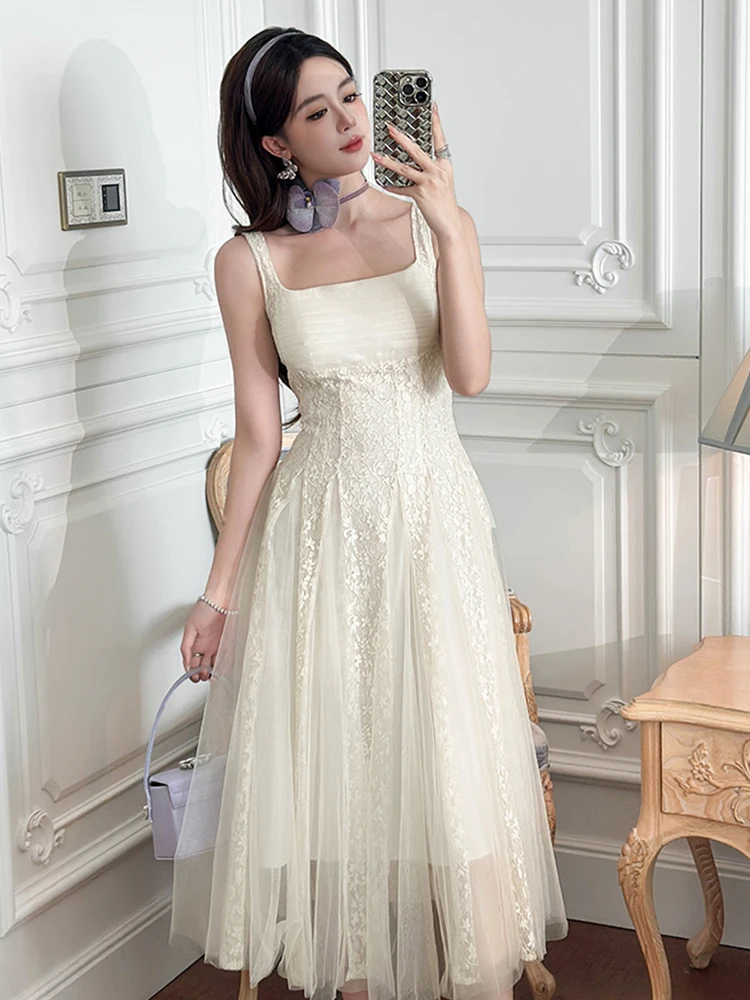 Neue frauen Spitze Tüll Saum Sling Schlank Maxi Kleid Elegante Formale Party Abendkleid Robe Dame Kleidung Süße Vestidos Fiesta urlaub