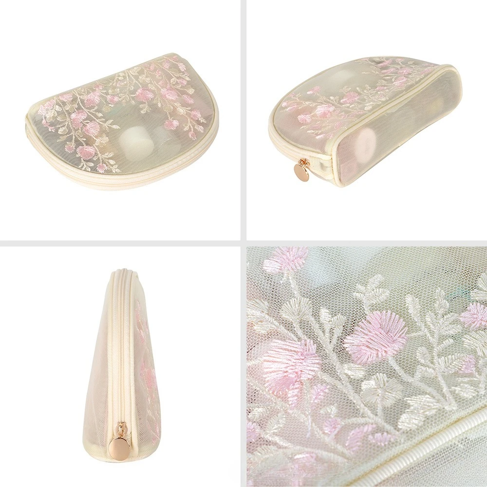 Floral Embroidery Mesh Makeup Bag Semi-Circle Portable Toiletry Storage Organizer Large Capacity Cosmetic Bag for Women