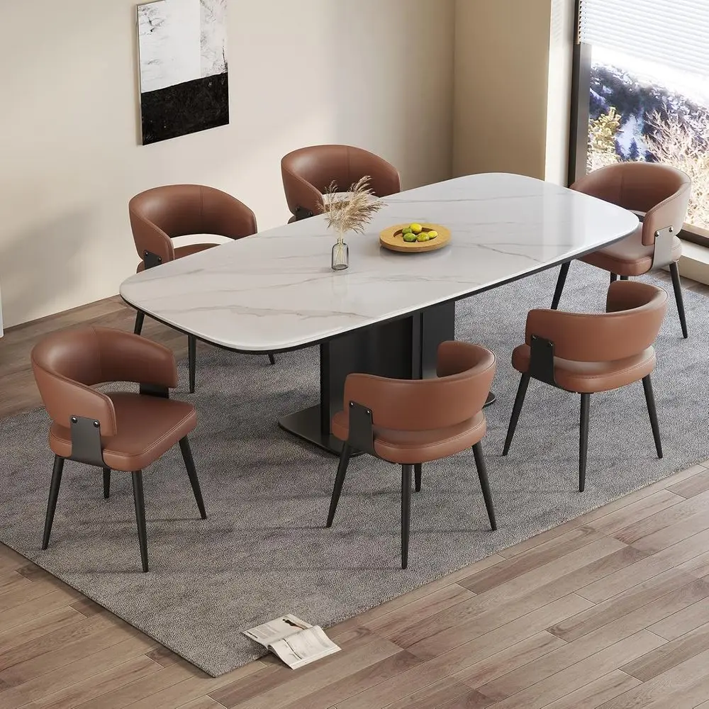 

Set of 6 Brown Upholstered Leather Dining Chairs with Curved Backs for Kitchen or Dining Room, Easy Assembly and Cleaning
