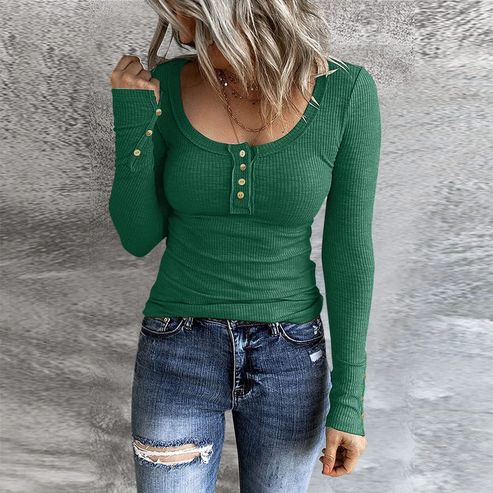 Women’s U Neck Solid Long Sleeve Henley T Shirts Button Down Slim Fit Tops Scoop Neck Ribbed Knit Shirts Skinny High Street Chic