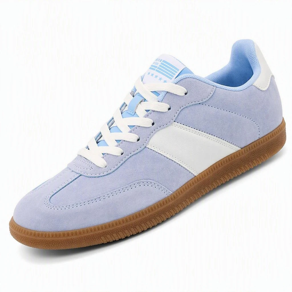 Hot Sale Unisex Casual Walking Shoes Light Blue White Color Block Suede Gum Outsole Low‑top Lace‑up Fashion Street Flat Sneakers