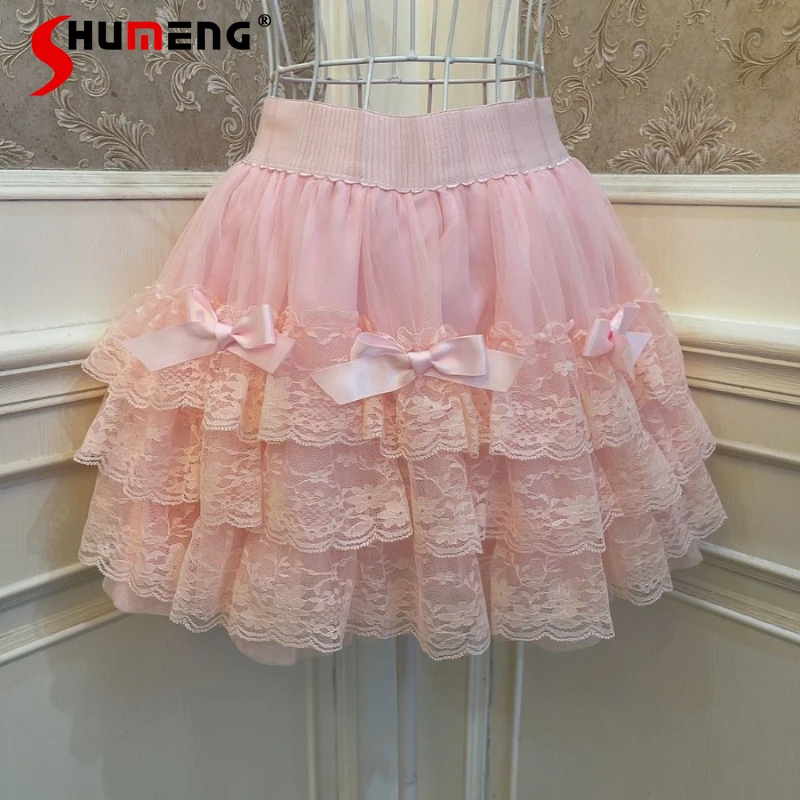 

Lolita Princess Bowknot Puffy Short Cake Skirts 2024 Summer New Sweet Lace Tree Fungus Lace Lacework Bottoming Short Culottes