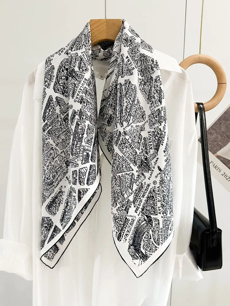 90 Silk Scarf 100% Twill Silk Scarves Wraps Black White Prints Fashion Silk Shawl Cape for Women