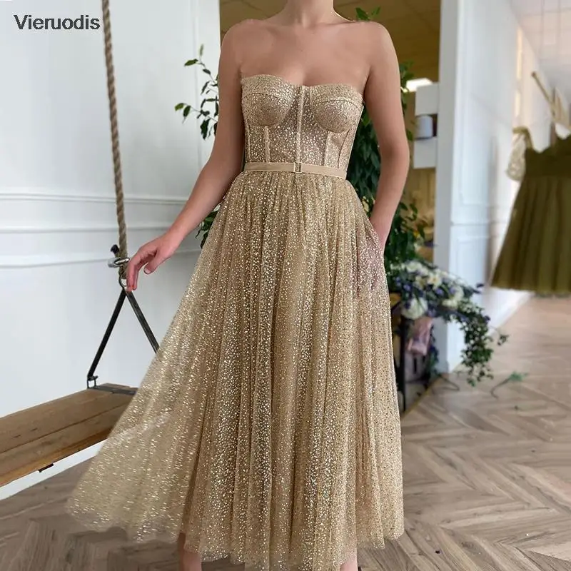 

Gold Sequined Prom Dresses Short Sweetheart Glitter Sequined Evening Dress New Arrival Plus Size Celebrate Dress with Pockets