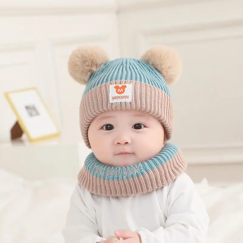 1 Juego de gorro y bufanda para bebé, conjunto de oso cálido de punto para niños, gorro de invierno, gorro para niños pequeños, gorro de ganchillo