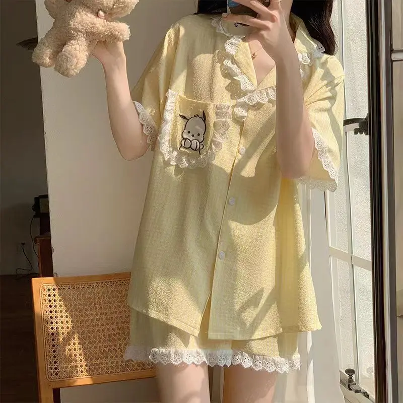 Conjunto de pijama de seda Sanrio Pudding feminino, shorts de manga curta, lounge casual, algodão verão