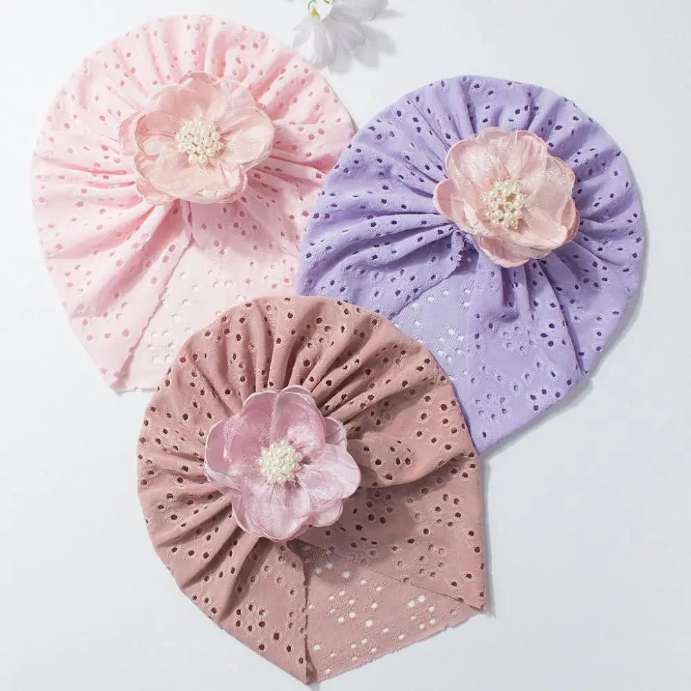 Simpatico cappello a fiore in pizzo elastico traspirante per ragazze turbante cavo per bambini berretti per neonati accessori per capelli