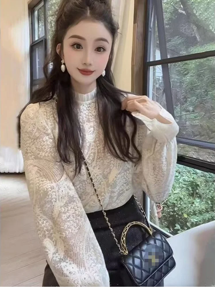 Women Fashion Flower Embroidery Lace Stitching White Smock Blouse Femme Long Sleeve Casual Shirt Blusas Chic Tops