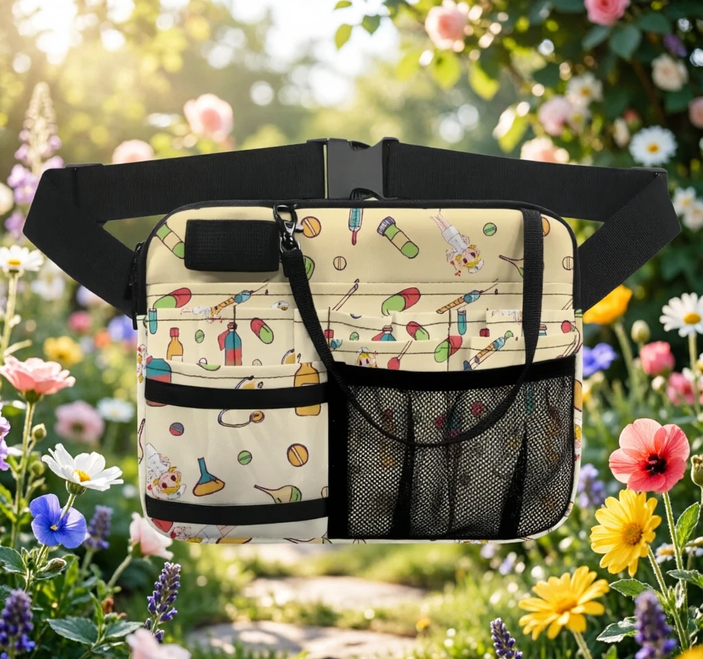 

Medical Print Fanny Pack for Nurses – Stethoscope & DNA Pattern Waist Bag with Mesh Pockets