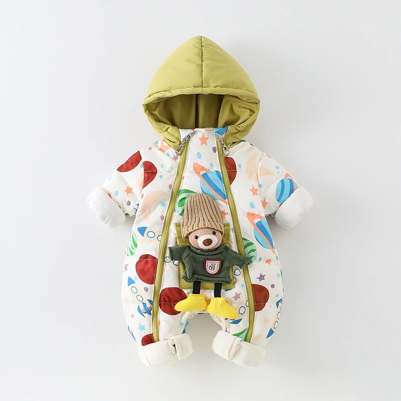 

Теплая зимняя одежда для малышей: пуховик с мультяшным принтом в корейском стиле, двойная молния, для детей 6-8 месяцев, из полиэстера...