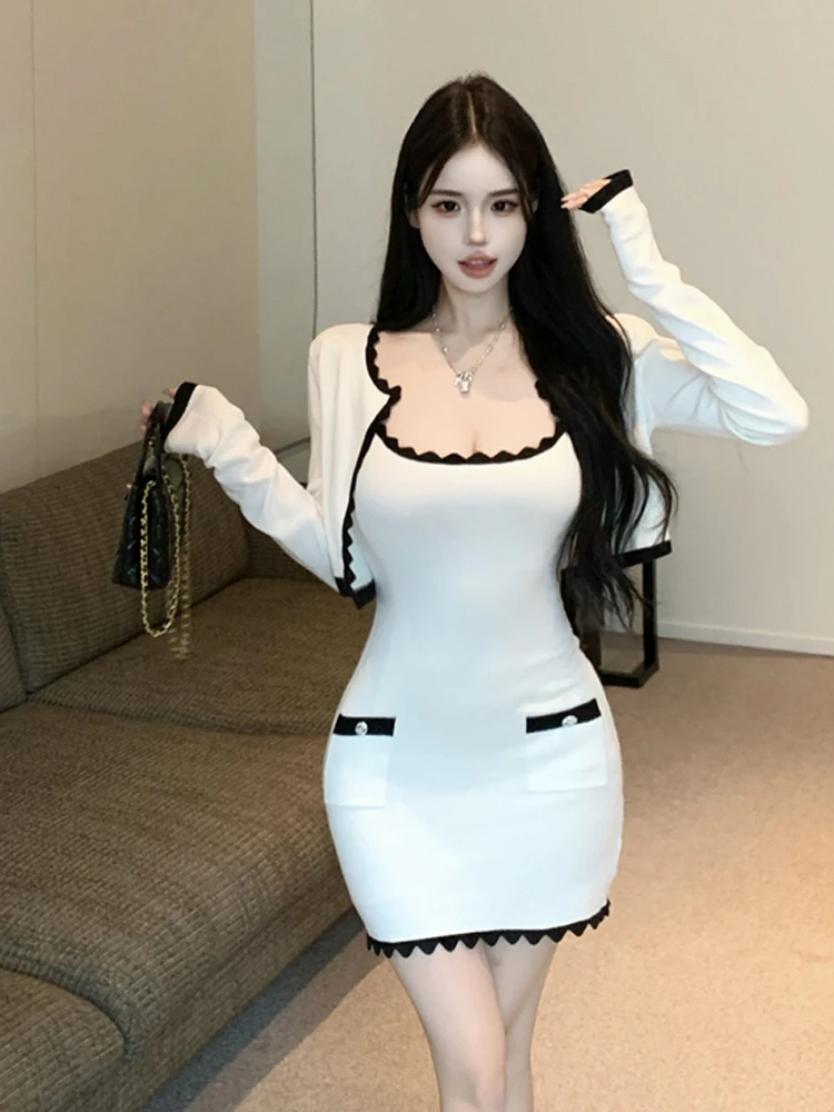 Elegant Elegant Long Sleeve Wave  Color Block Wrap Body Strap Dress Two Piece Set Fashionable Women's Clothing Casual Wear