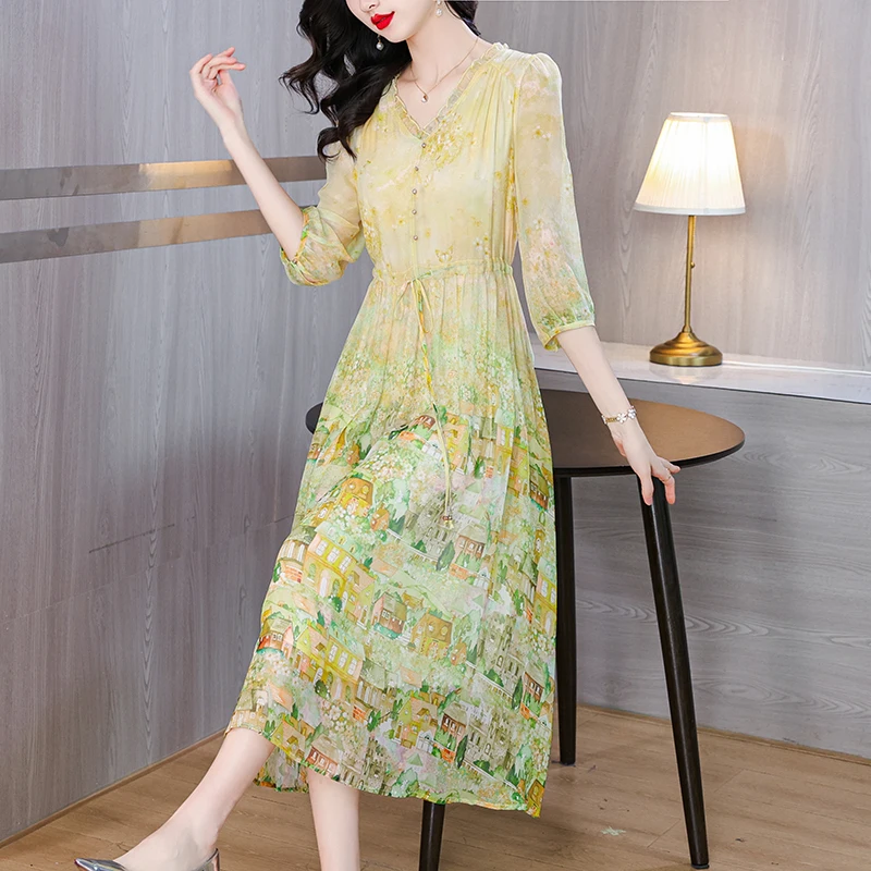 2024 Spring/Summer New Lady V-Neck Heavyweight Silk Mulberry Silk Printed Waist Wrap Dress Women's Style Silk Dress