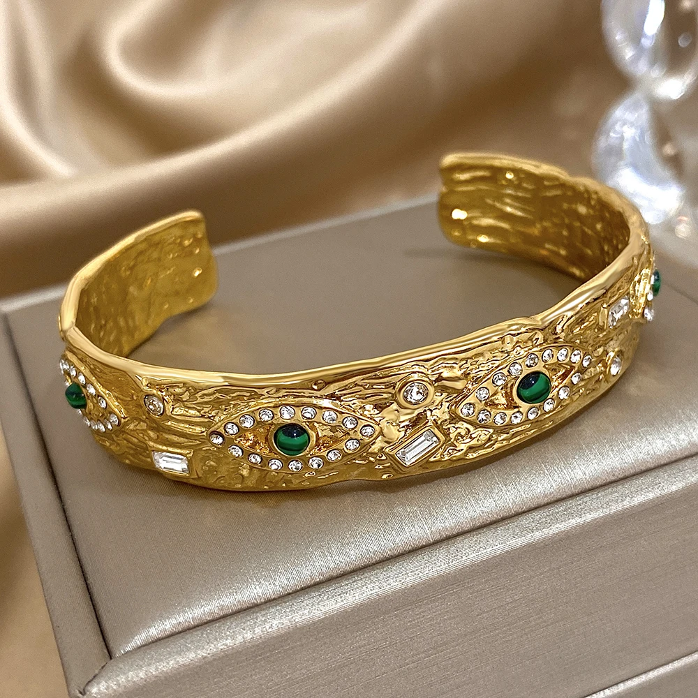 18K Gold Plated Green Evil Turkish Eye Bangles Stainless Steel Opening Cuff Bracelet for Women Cuff Pleated Vintage Jewelry Gift