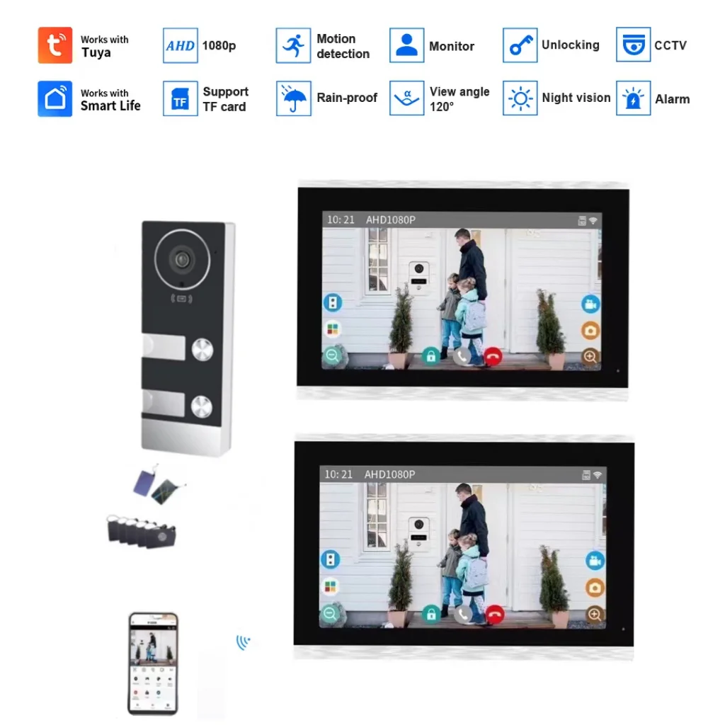 TUYA WiFi AHD Video Intercom Kits Doorphone Doorbell 10 Inch Touchscreen Monitor APP Card Unlock for 3 Family Building Apartment