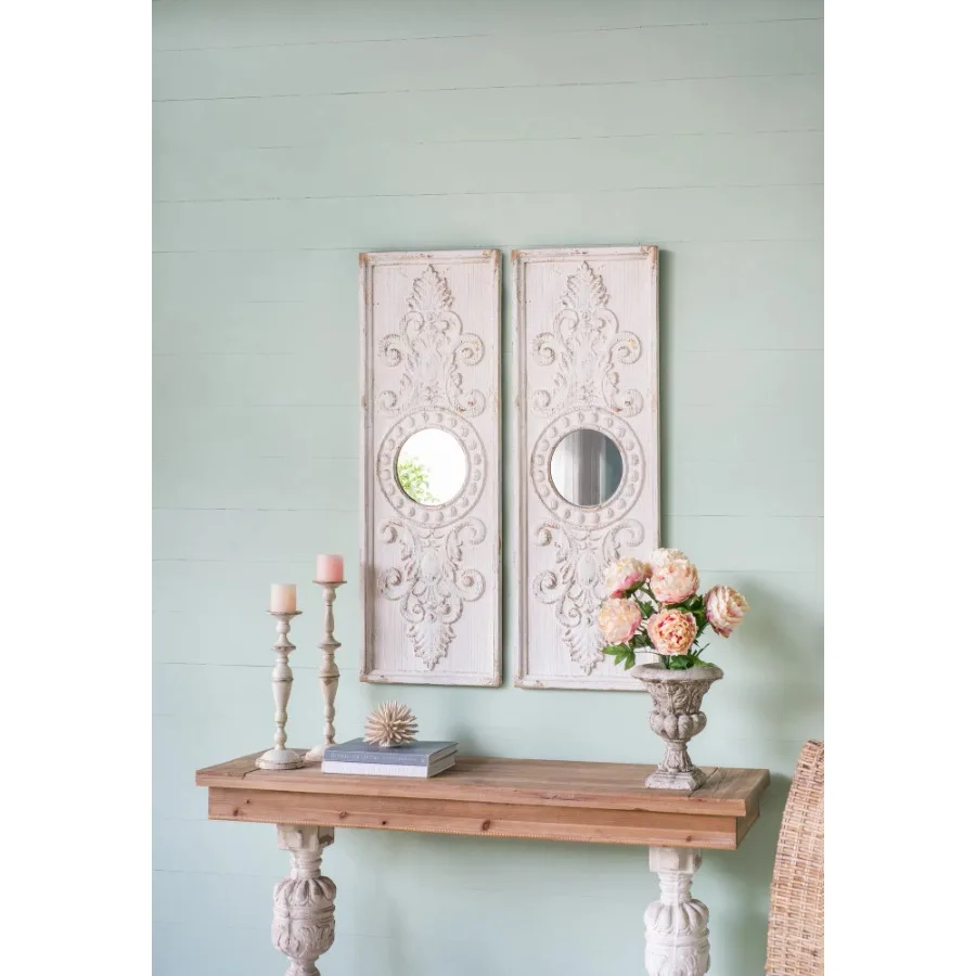 Set of 2 Large Wooden Wall Art Panels with Distressed White Finish and Round Mirror Accents 17