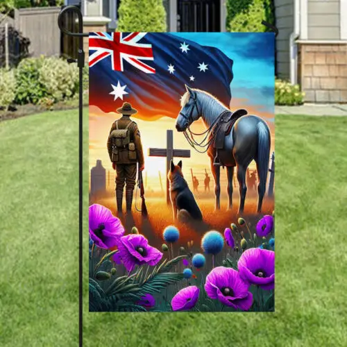 Anzac Day Animals in War Purple Poppy Australia Flag Garden Flag GGP