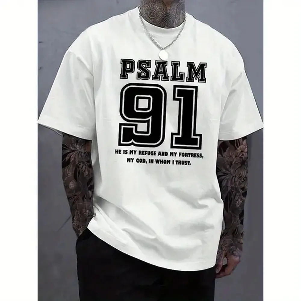 100% Cotton Men'S Psalm 91 Printed Cotton T-Shirt - Casual Crew Neck, Soft And Breathable, White With Black Text, Suitable For Casual Wear,Casual Wear | Crew Neck T-Shirt | Soft Cotton T-Shirt Fabric Menswear Sleeve Sle Golf Gift T-Shirt For Men And W