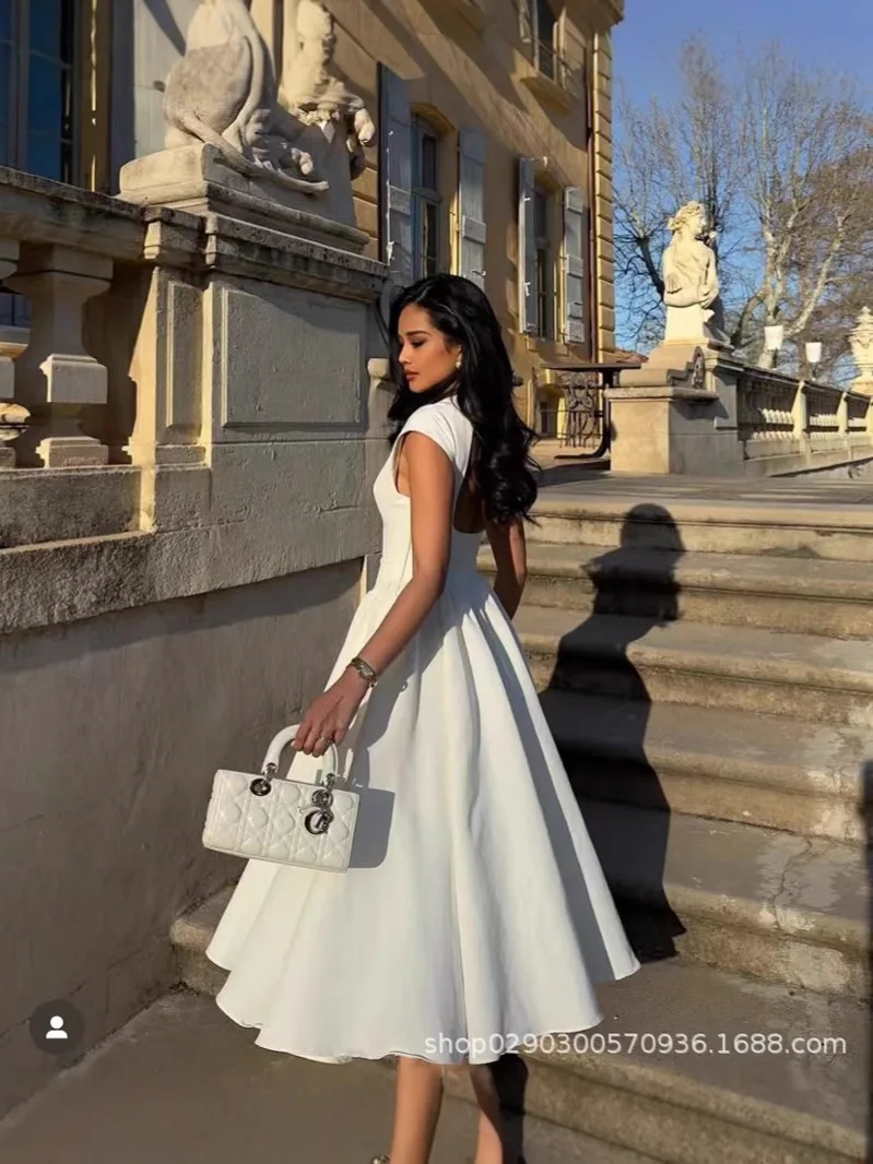 Dress Women Pleated Folds Party Dresses White O Neck Loose High Waist  Summer Ankle Length A Line Vestidos Wedding Y2k Casual