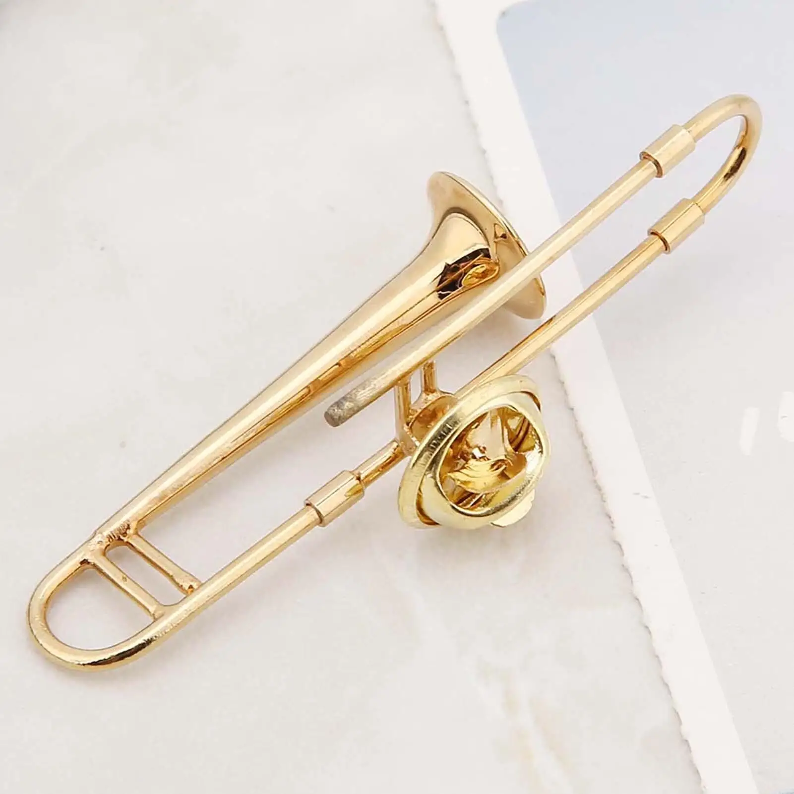 Gold Plated Mini Trombone Brooch - Unique Musical Instrument Gift with Box - Perfect Decoration