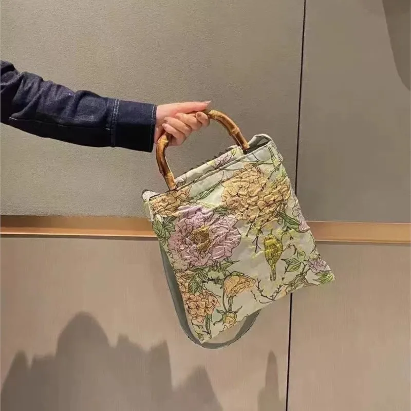 

Зеленая сумка-тоут с пионом, женская двухслойная сумка на плечо с бамбуковой ручкой, большая вместительная сумка на плечо, женская винтажная элегантная нежная сумка через плечо