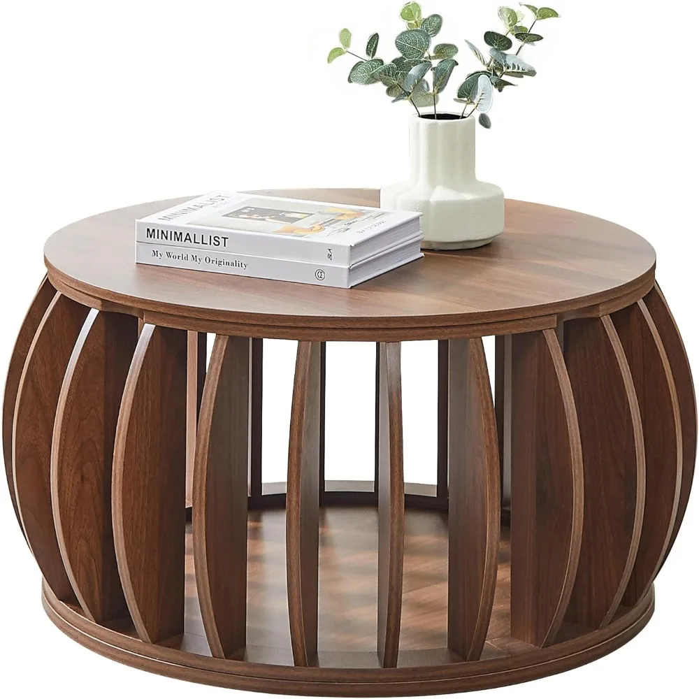 

Drum Coffee Table with Storage,31.5” Wood Round Coffee Table,Farmhouse Pumpkin-Shaped Center Table for Living Room Home Office (