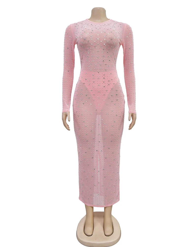 Siatka w jednolitym kolorze długa sukienka dla kobiet 2024 moda letnia najnowsza diamentowa damska seksowna perspektywa sukienka z długimi rękawami