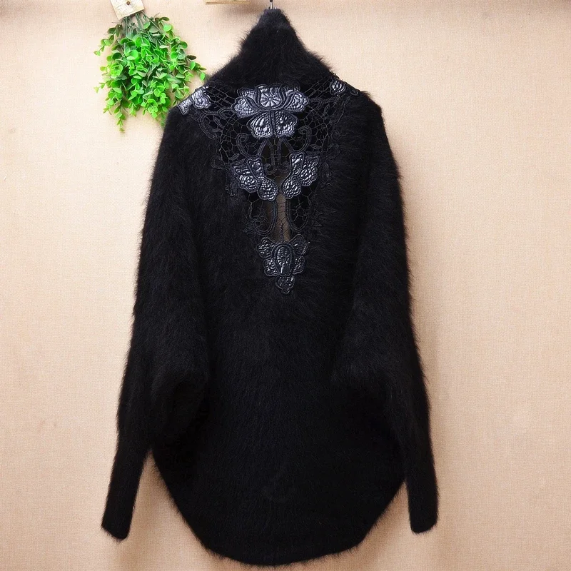 Ladies Women Spring Winter Clothing Black Lace Hollows Mink Cashmere Knitted Long Sleeves Loose Cardigans Mantle Angora Coat