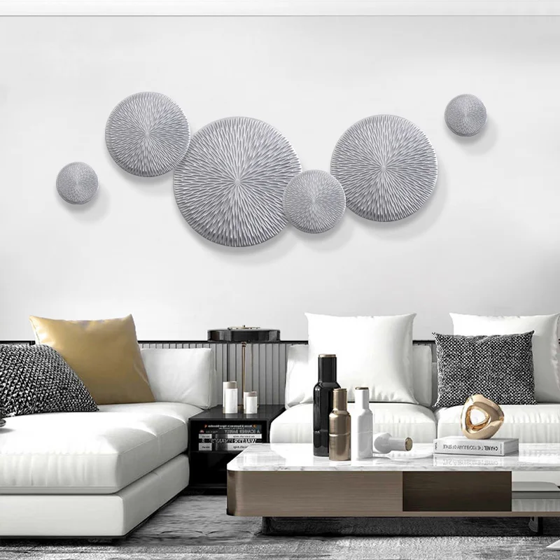 

Modern Luxury Silver Wooden Round Shape Wall Hanging Home Livingroom Background Mural Crafts Store Hotel Sticker Decor