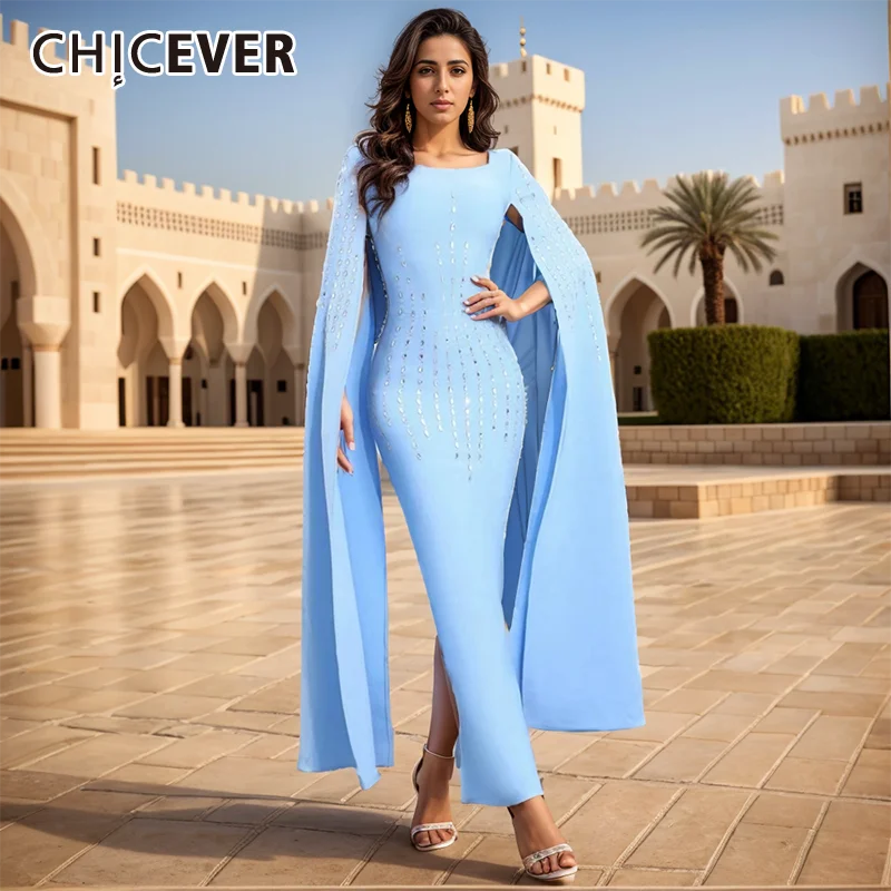 

CHICEVER Solid Chic Cockatail Dresses For Women Square Collar Cloak Sleeves High Waist Patchwork Diamond Luxury Dress Female New