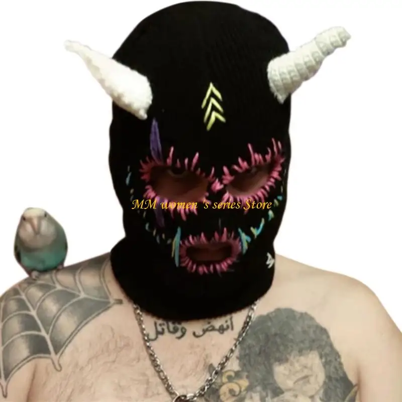 Q39C Winter Beanie Warm Knit Hat with Devil Horns Mouth Scars Halloween Ski Mask
