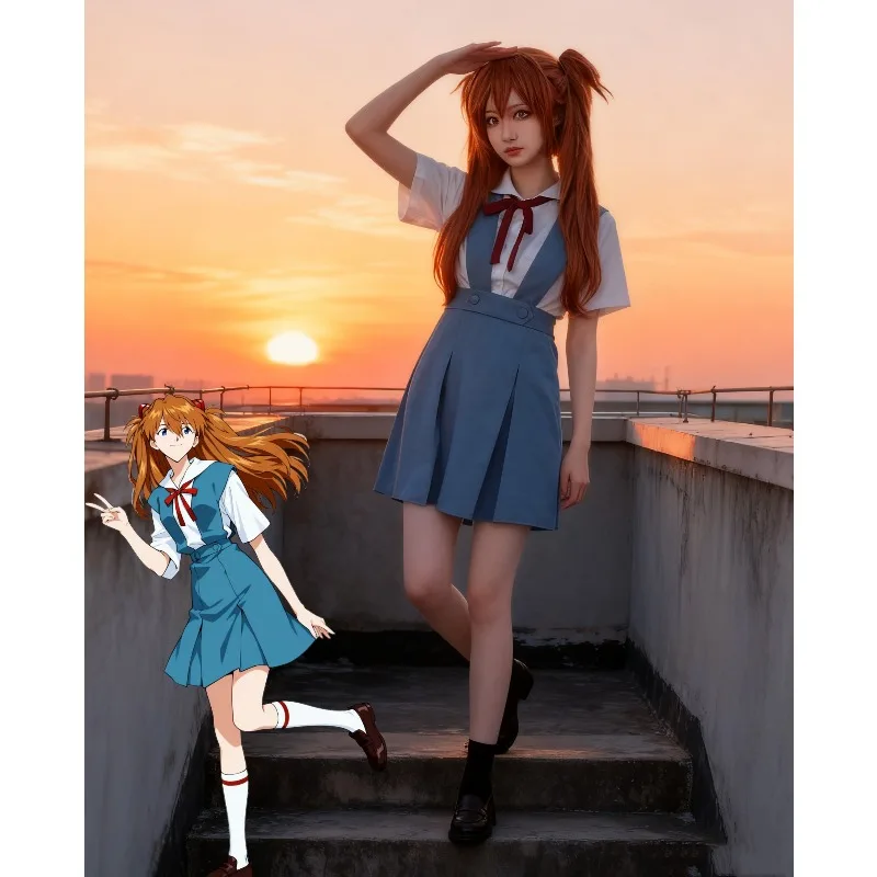 

Anime Character Asuka Cosplay Costume Shirt Dress AndSocks School Uniform Ayanami Rei Outfits for Comic Exhibition Hallowen