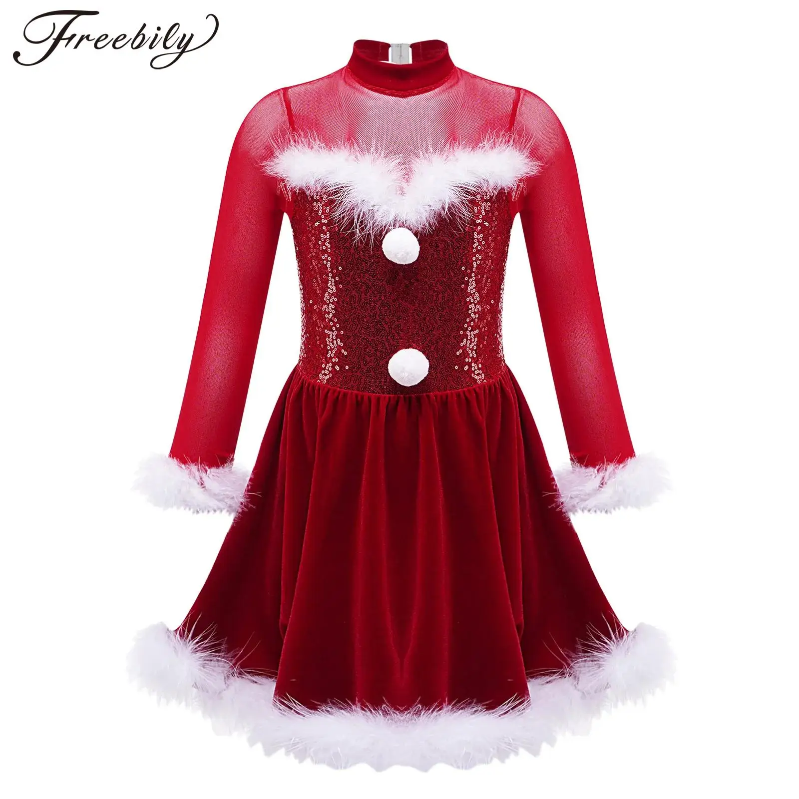 Christmas Dance Costume for Kids Girls Stage Performance Shiny Sequins Figure Skating Dress Ballet Dance Tutu Dress Dancewear