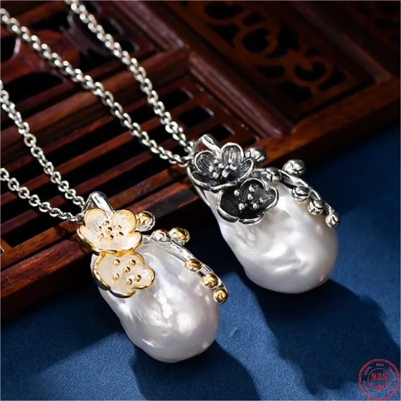 

Genuine s925 sterling silver pendants for men women new fashion Rhodium-gold plated plum blossom Baroque freshwater pearl