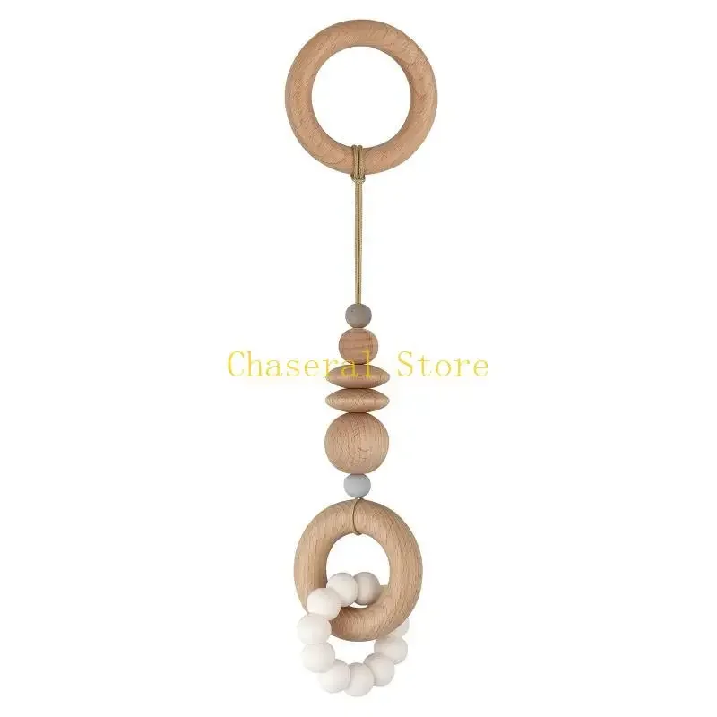 

E7CE Baby Gym Frame Pendants Wooden Ring Silicone Beads Teether Stroller Rattle Infants Newborn Teething Nursing Molar