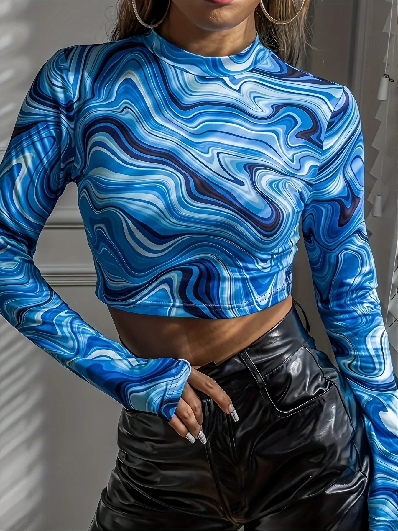 

womens long sleeve basic tops simple tops trendy tops for women Y2K Marble Print Mock Neck Crop Tops, Women's Clothings