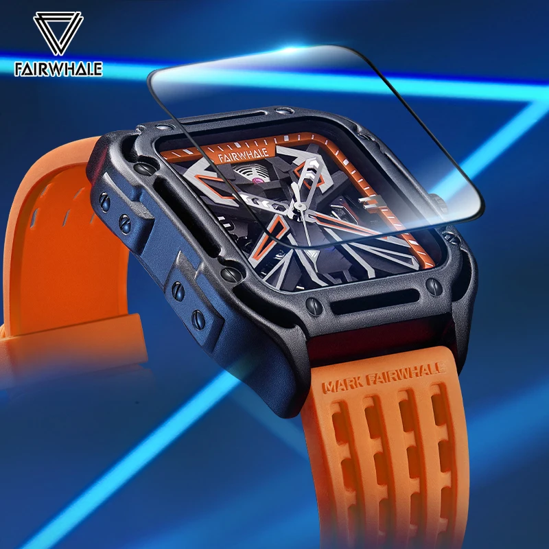 Mark Fairwhale-Reloj Automático deportivo para hombre, pulsera mecánica cuadrada con correa de silicona naranja, a la moda