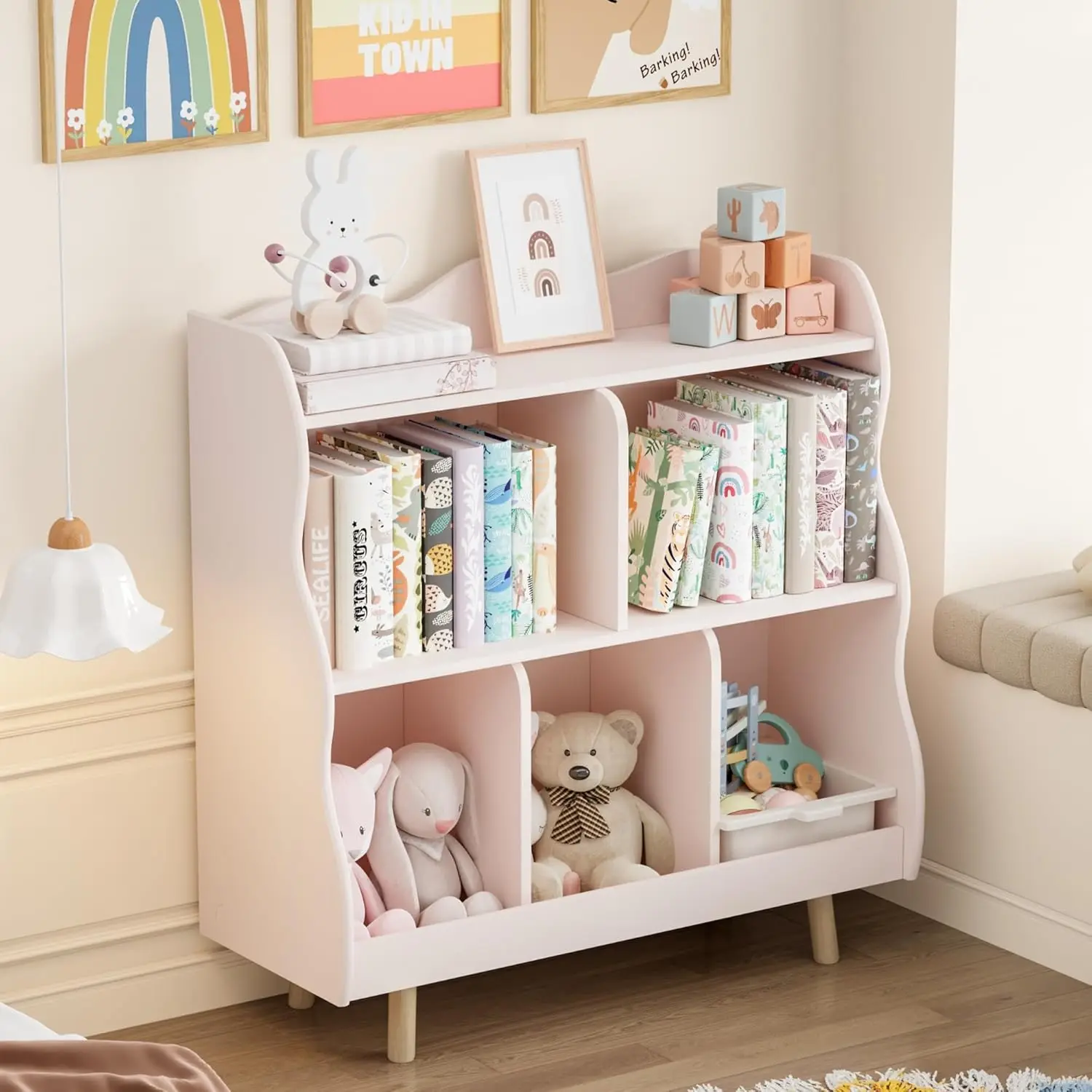 

3-Tier Wooden Kids Bookshelf with Toy Storage, Curved Design & 5 Cubbies for Playroom, Pink