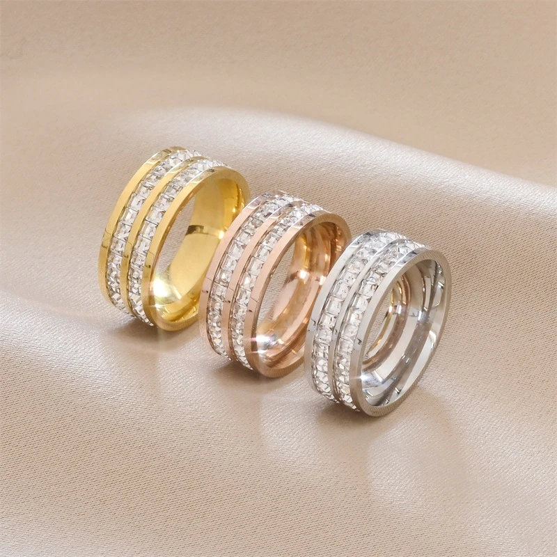 316L Stainless Steel Fashion Fine Fine Jewelry 3 Metal Colors Embedded Dazzling Single Double Row Zircon Rings For Women Male