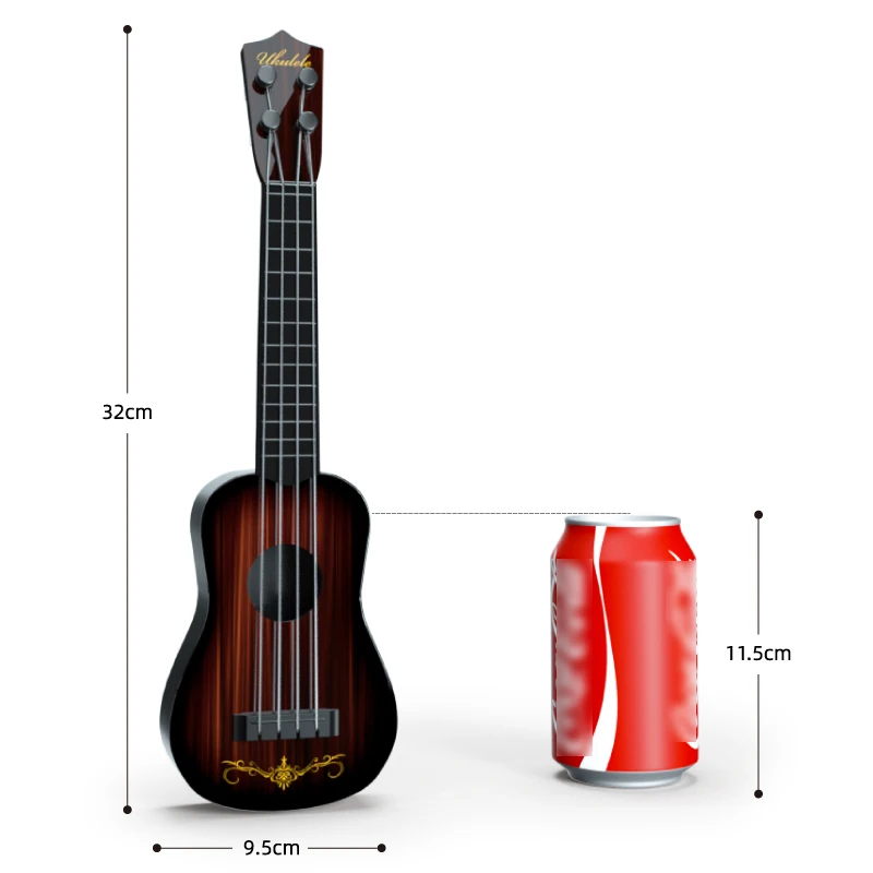 Music-orientated children's guitar toy that can be played with a pick to imitate basic musical instruments, resembling a ukulele