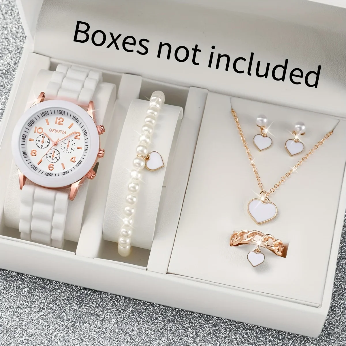 6pcs/set Women\'s Casual Fashion Quartz Watch Analog Silicone Wrist Watch & Faux Pearl Heart Jewelry Set, Valentines Gift For Her