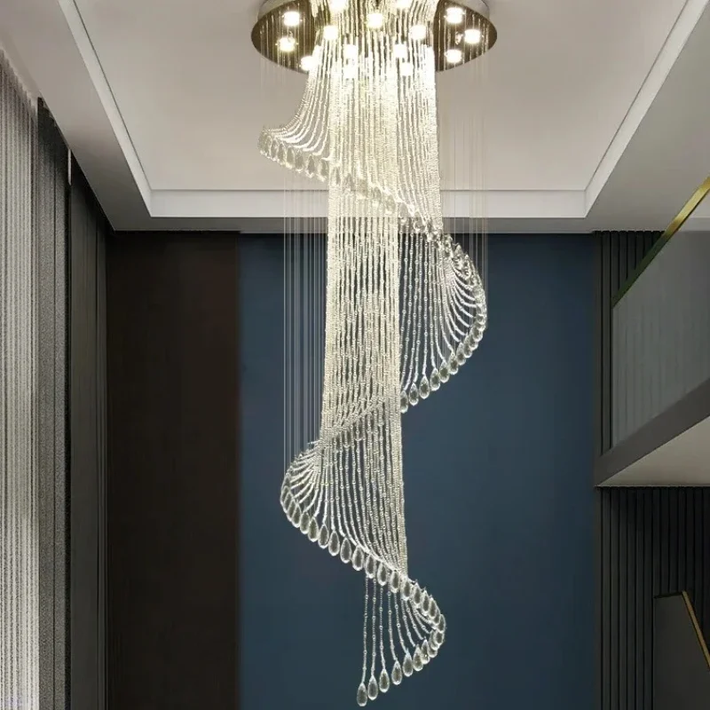 Duplex Building Crystal Dimming Chandelier Luxury Living Room Rotating Villa Hollow Pendant Light
