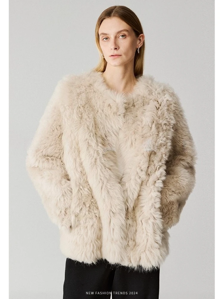 

High-end Luxury Toscana Lamb Fur Winter Furry Jackets for Women 2026 Simple Classic O-neck Loose Genuine Leather Real Fur Coat