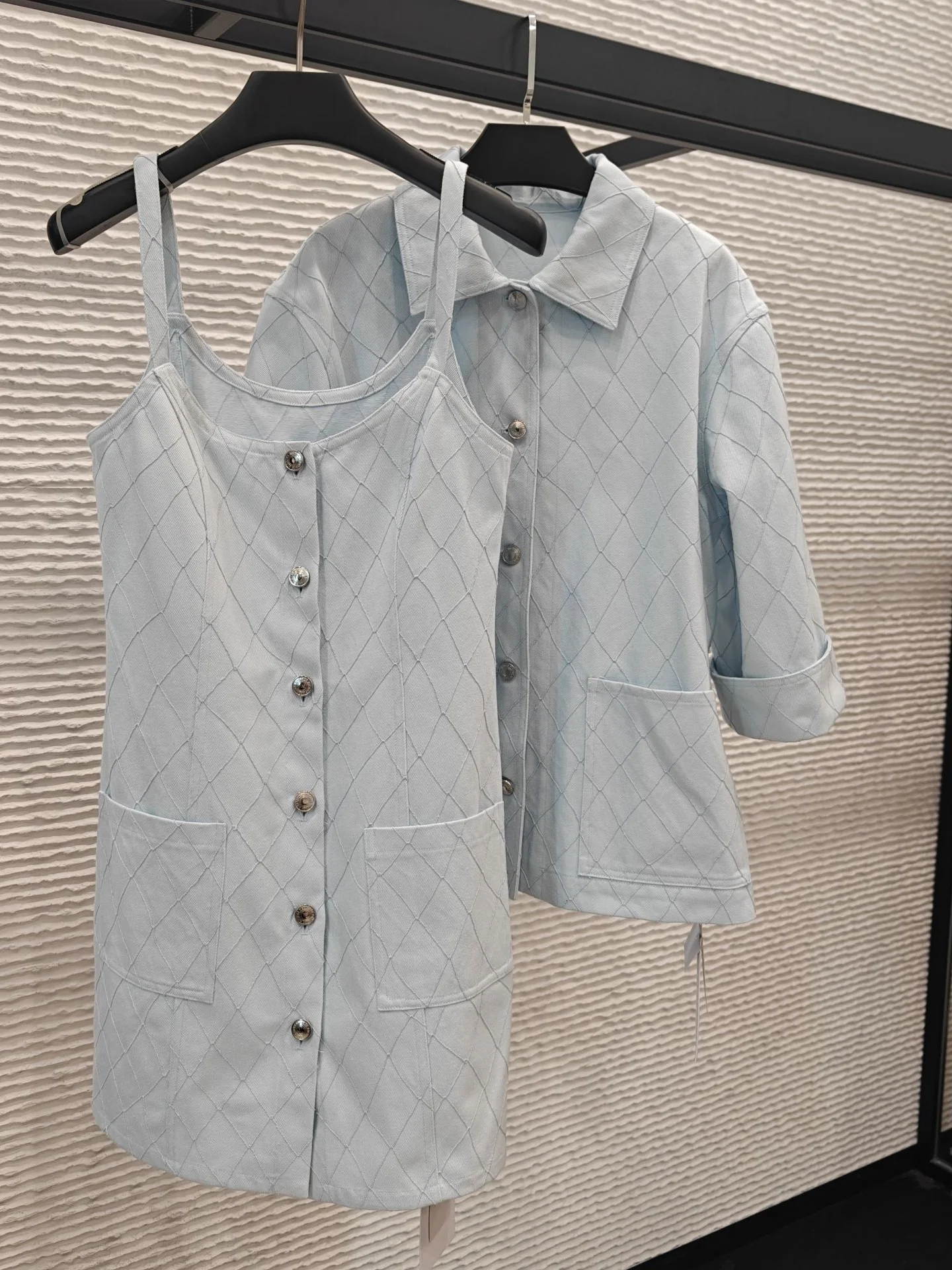 New 2026 Women's Casual Loose Denim Jacket And Dress Set Lightweight Diamond Pattern Blue Cotton Button up Spring Fashion