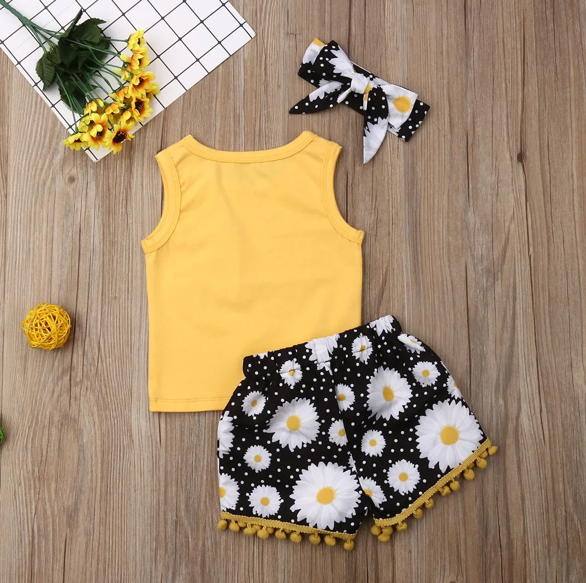 2019 Baby Summer Clothing Toddler Baby Girl Flower Sleeveless Tops T-shirts Tassel Daisy Short Headband 3PCS Outfits Set Sunsuit