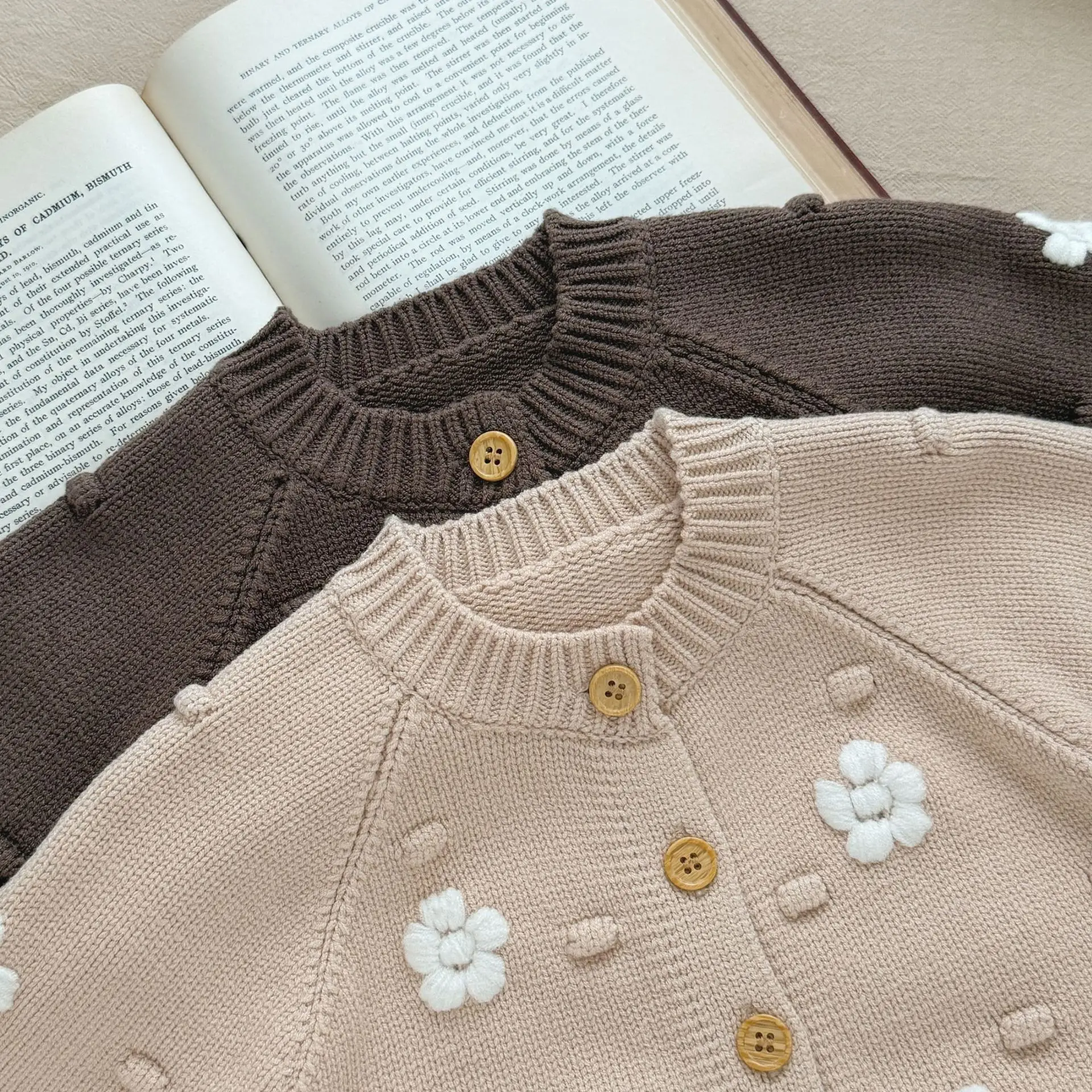 2026 Fall Winter Thick Jacket Baby Girl Elegant Style Bobble Hand Suitable Soft Floral Knit Cardigan Outdoor